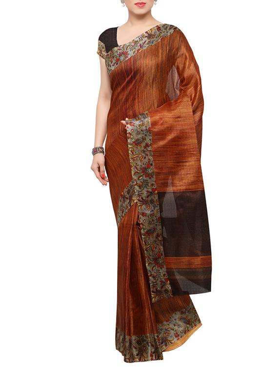 orange silk tussar saree with blouse - 13081534 - Zoom Image - 0