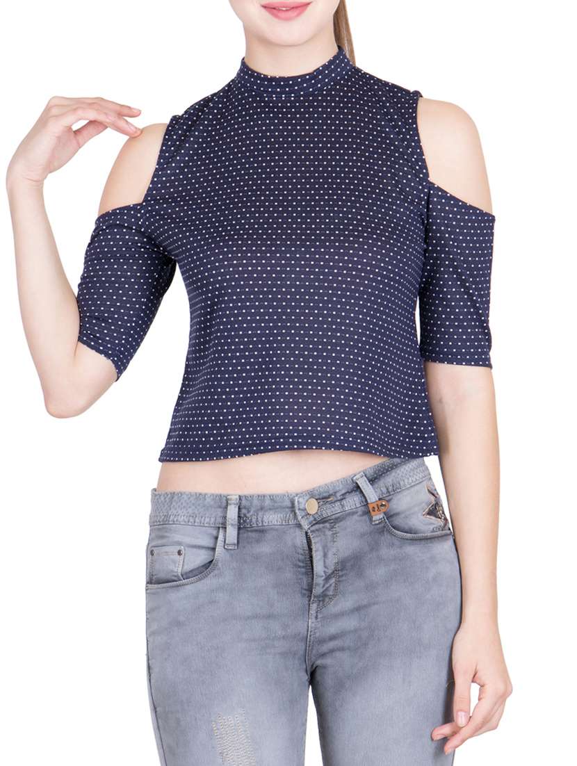 blue polka dots printed spandex crop top