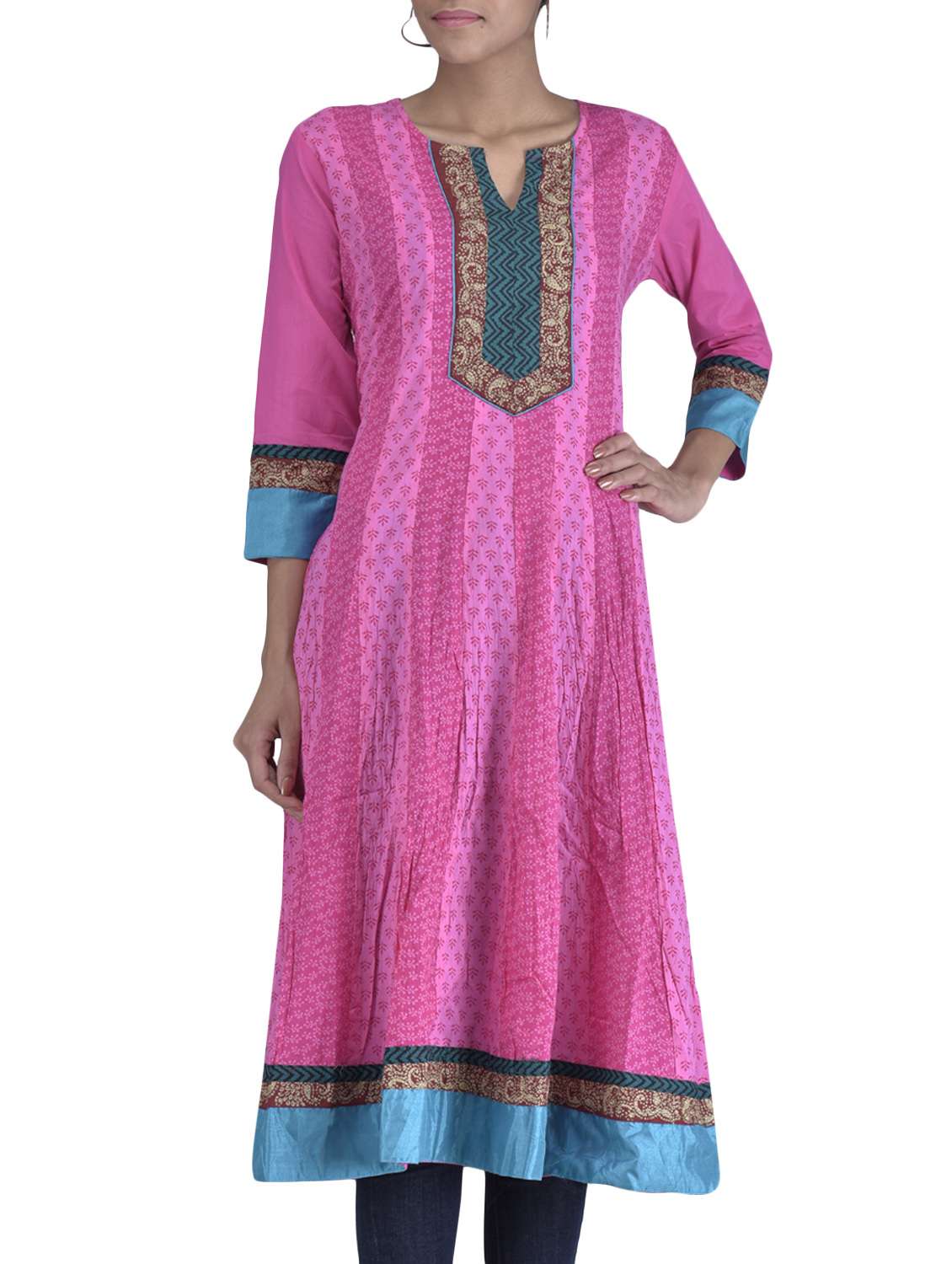 Buy online Pink Printed Quarter Sleeved Cotton Anarkali Kurti from