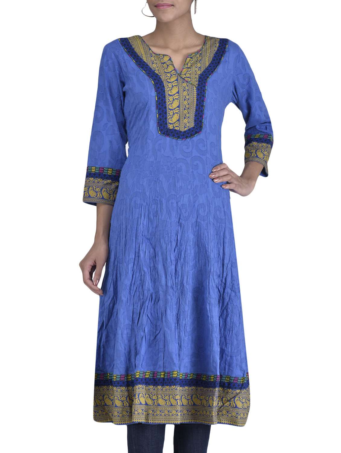 Buy online Blue Jacquard Cotton Anarkali Kurti from Kurta Kurtis for