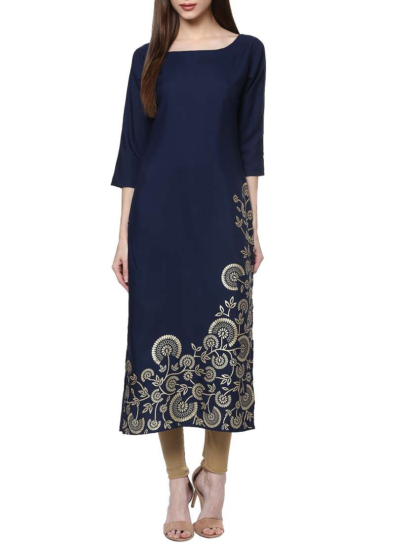 blue crepe printed long kurta