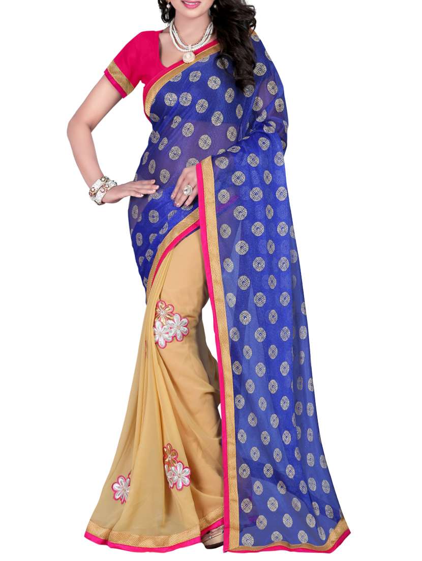 beige and blue bollywood saree with blouse