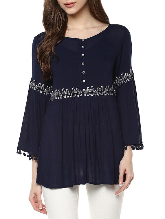 button detail embroidered gathered top - 13096681 -  Zoom Image - 0