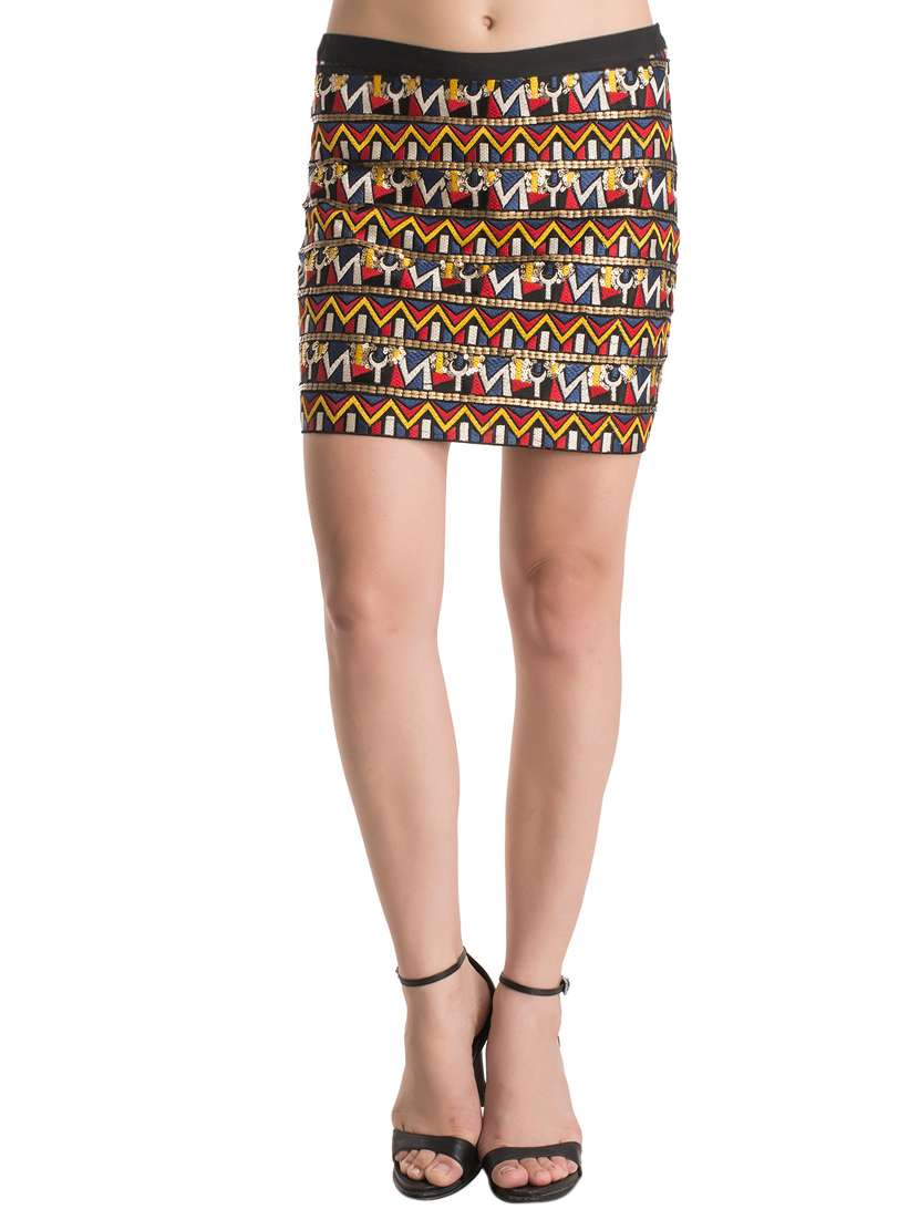 multicoloured embroidered mini skirt