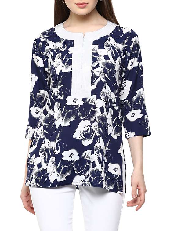 blue floral printed crepe regular top