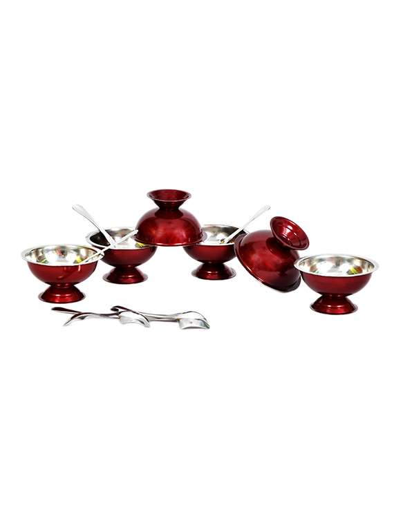 set of 12 maroon stainless steel ice cream cup and spoon set- 6 each - 13107334 -  Zoom Image - 0
