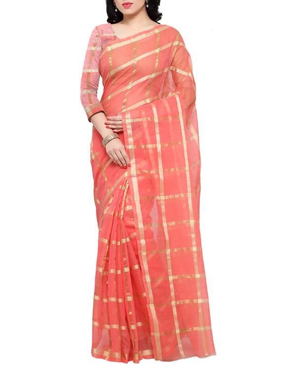 peach cotton kota doria saree with blouse - 13108882 - Zoom Image - 0