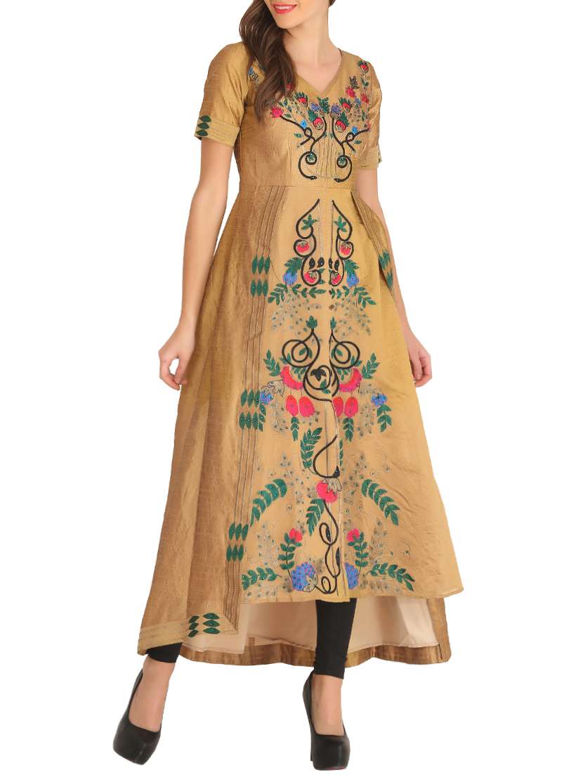 golden yellow embroidered dupion high-low kurta