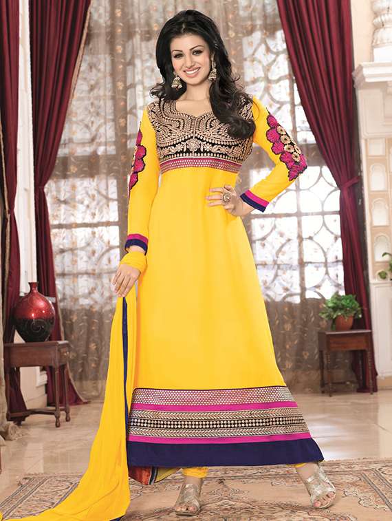 yellow embroidered  flared dress material