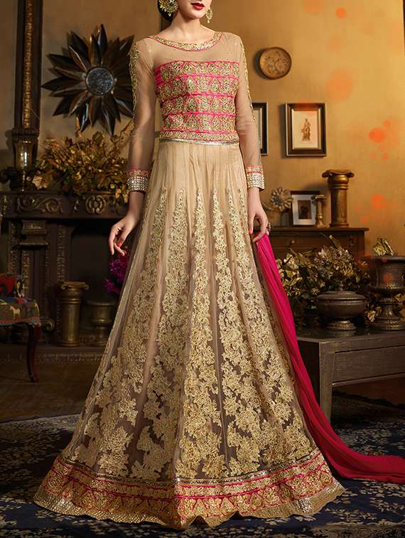 beige embroidered anarkali dress material