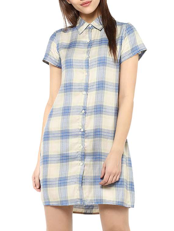 blue checkered rayon shirt dress