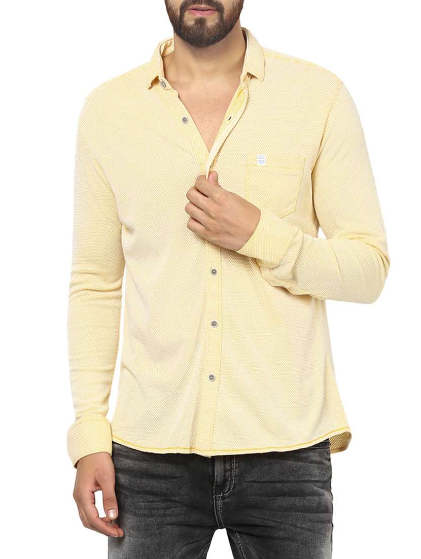 mufti mens yellow mid rise slim fit casual shirts