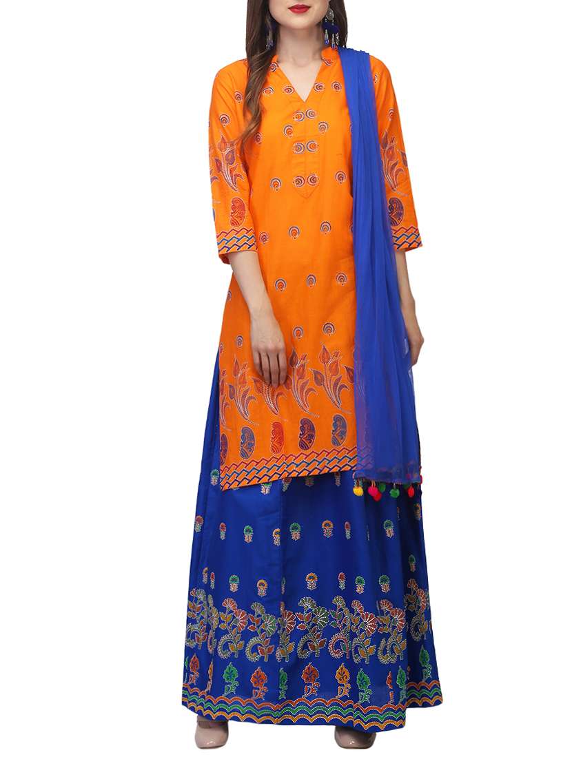 orange cotton printed unstitched lehenga