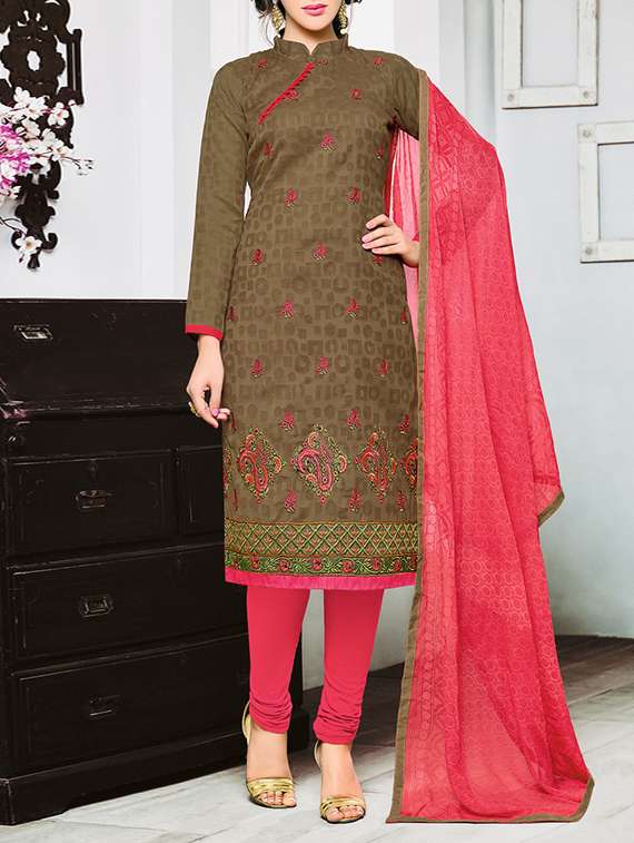 brown cotton blend unstitched suit