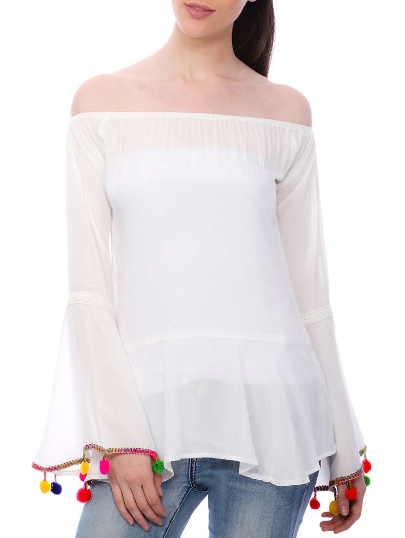 off shoulder pom pom detail top