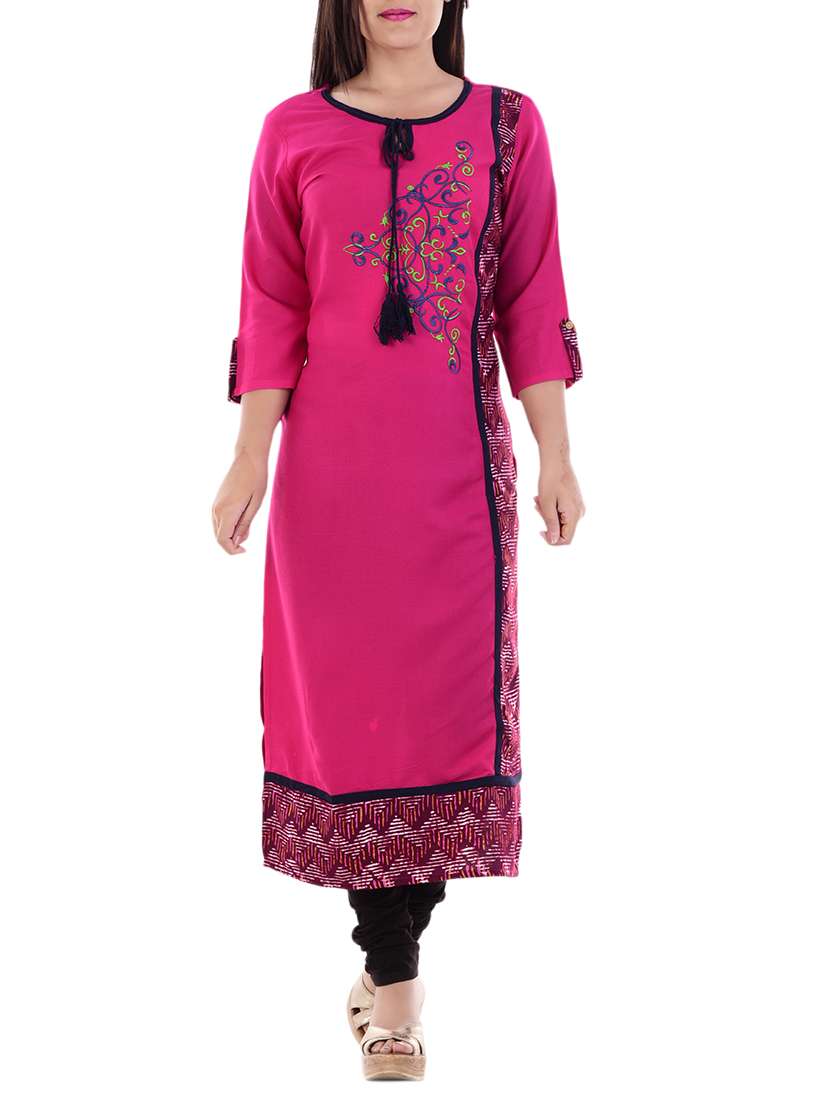 pink rayon embroidered straight kurta