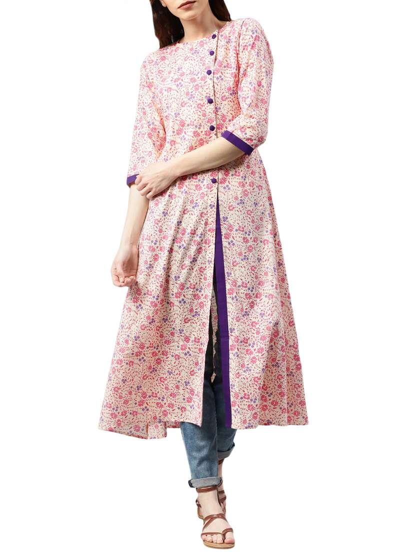 pink cotton printed  high slit kurta