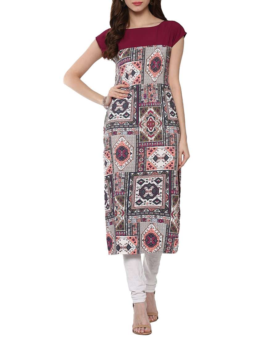 magenta poly crepe printed straight kurta