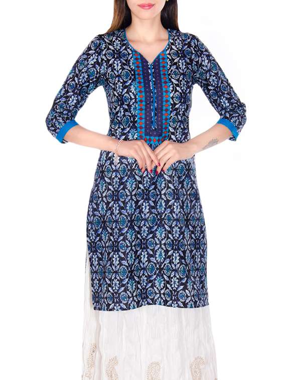 indigo floral printed cotton straight kurta