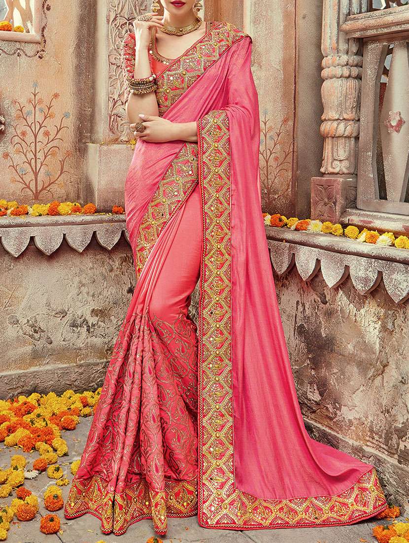 pink silk heavy embroidered saree with blouse