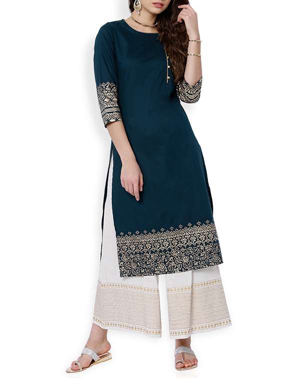 green cotton printed straight kurta