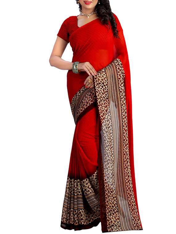 red georgette printed saree with blouse