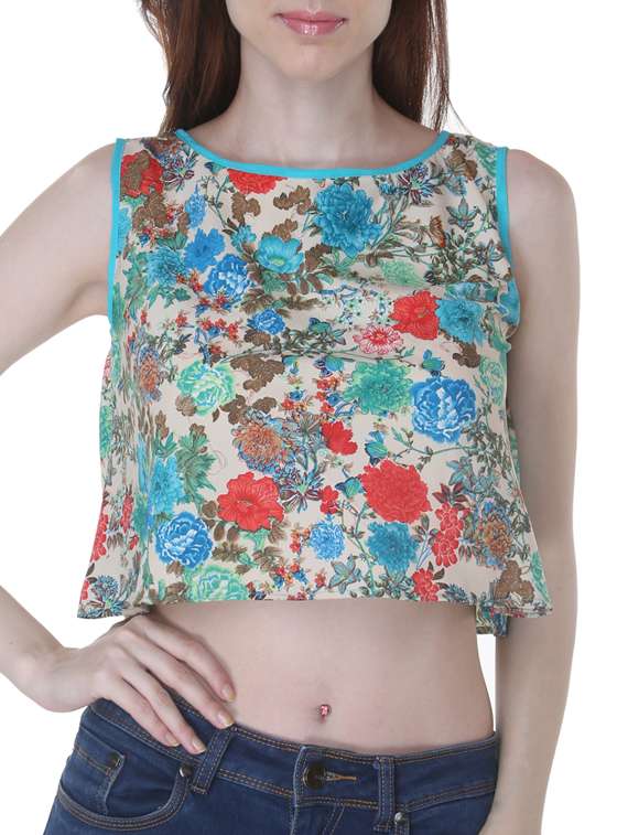 blue georgette floral print crop swing top