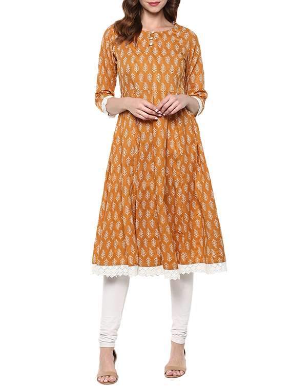 orange cotton block printed a-line kurta
