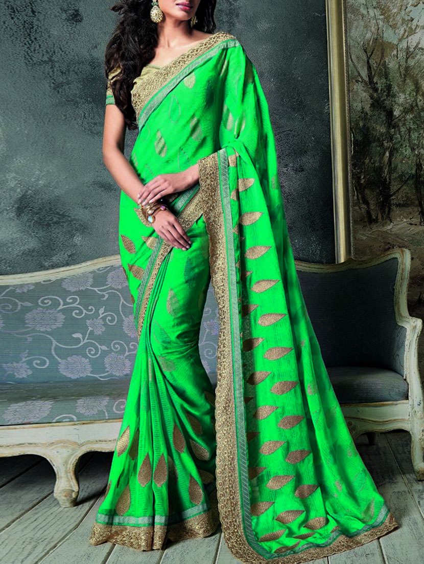 green chiffon embroidered saree with blouse
