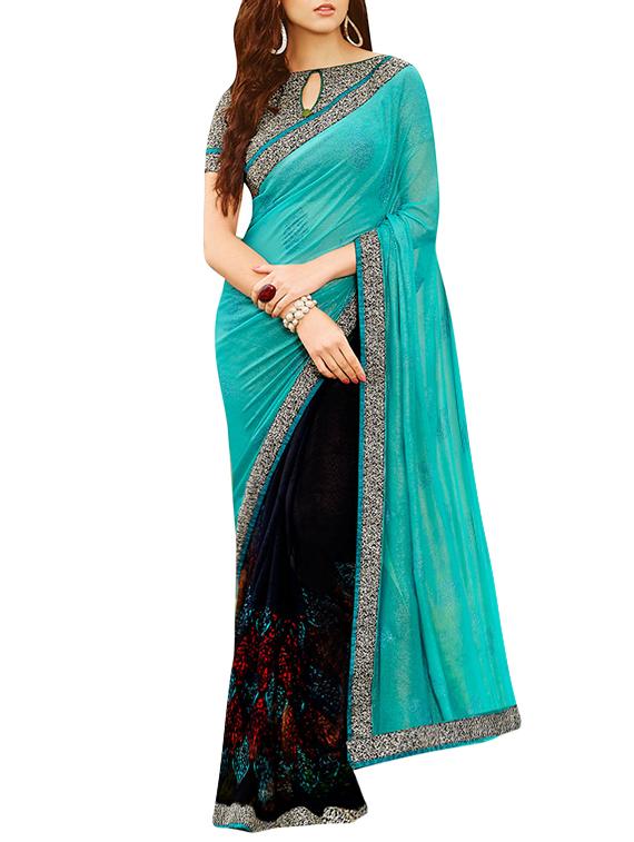blue & black georgette embroidered half and half saree - 13169672 -  Zoom Image - 0