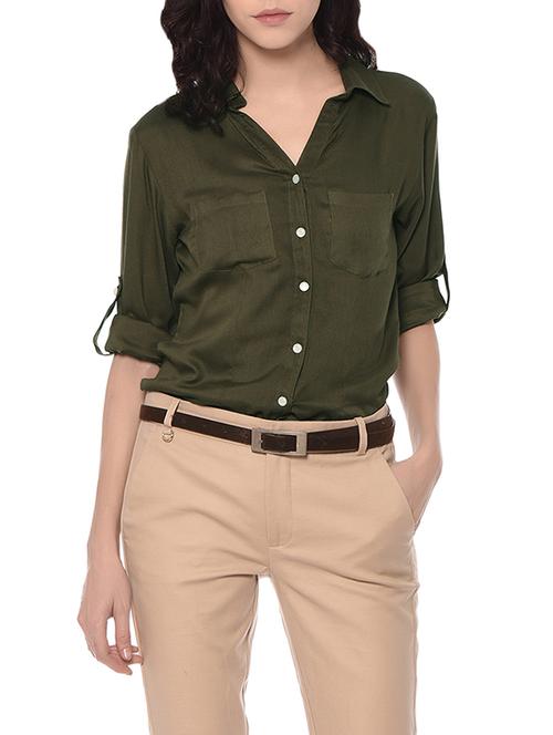 olive green rayon regular shirt - 13175236 - Standard Image - 0