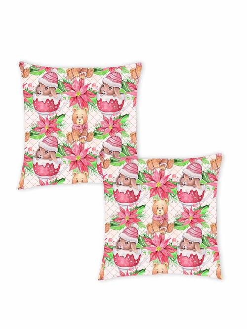 ambbi collection digitally printed cushion cover diagonal checks background with pooh & flowers set of 2 - 13180897 - Standard Image - 0