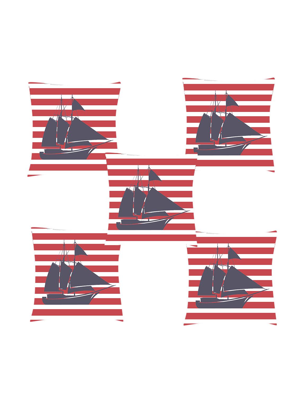 ambbi collection digitally printed cushion cover nautical print - horizontal stripes & a boat over it set of 5 - 13180969 - Zoom Image - 0