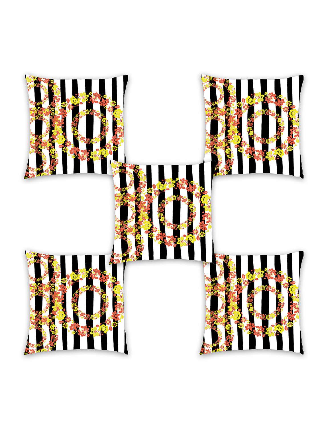 ambbi collection digitally printed cushion cover stripes background & circle with the flowers set of 5