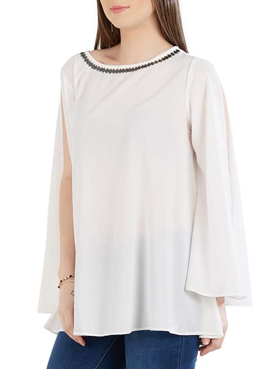 jeweled neck slit sleeved top