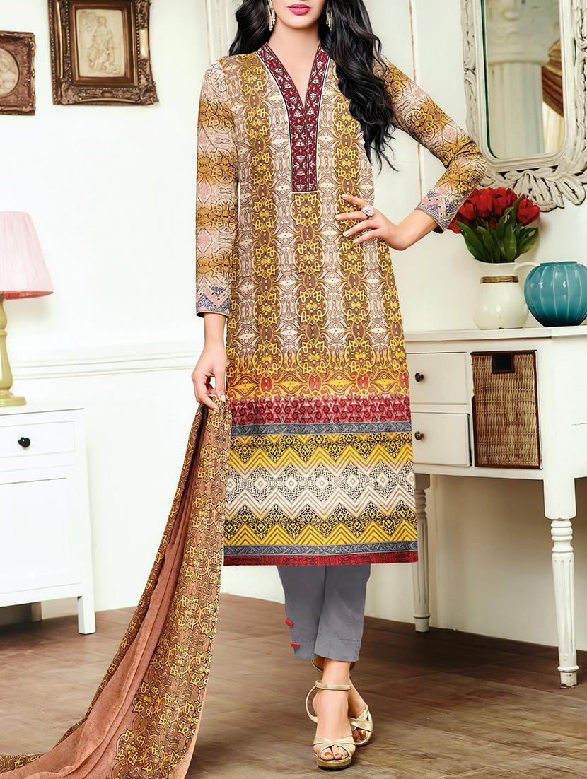 beige cotton printed churidaar suits dress material