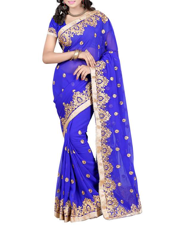 blue faux georgette embroidered saree with blouse