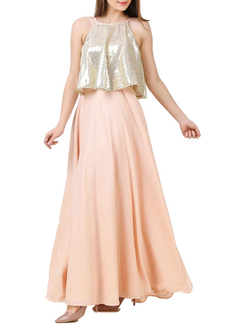 peach solid sequined layered dress