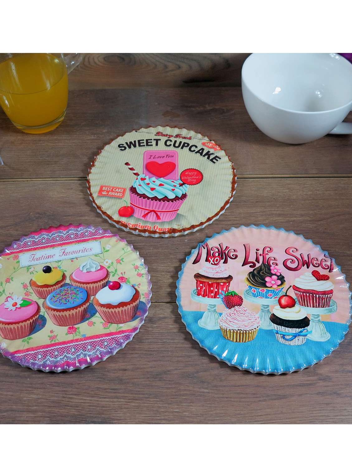 multicolour ceramic cup cake trivet set