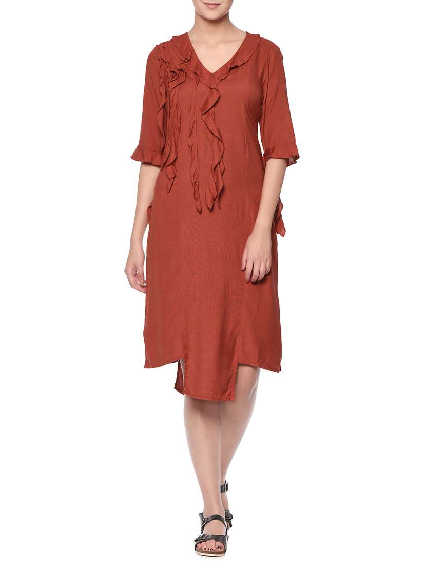 rusty red rayon assymetric dress