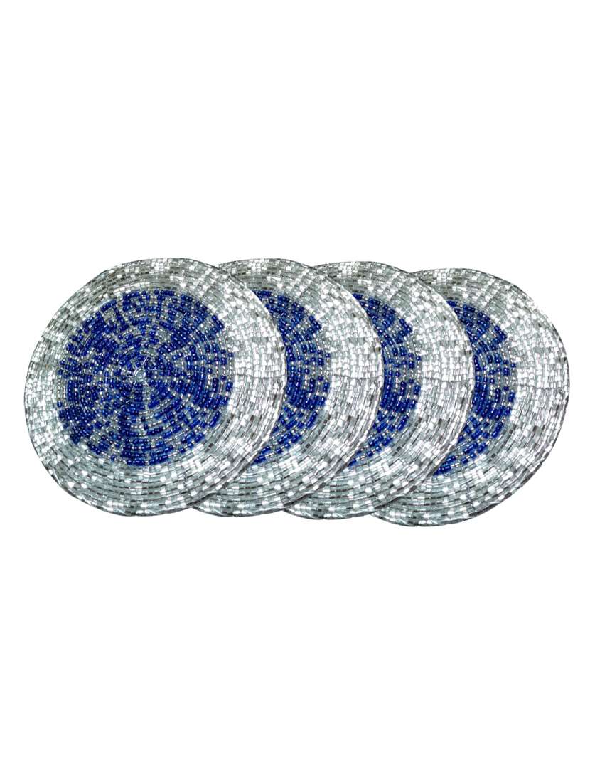 asiacraft blue & silver d?cor indian handmade beaded coffee, tea coaster 4.2 inches set of 4