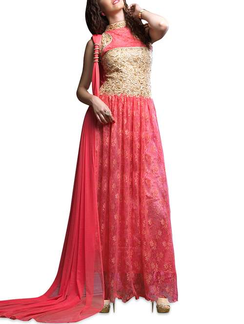 red and beige net long gown - 1322750 - Standard Image - 0