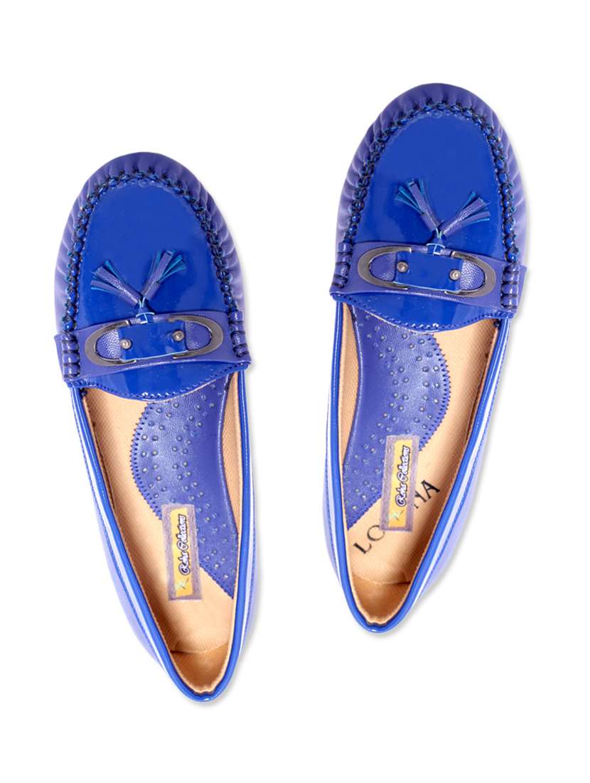 royal blue embellished faux leather loafers