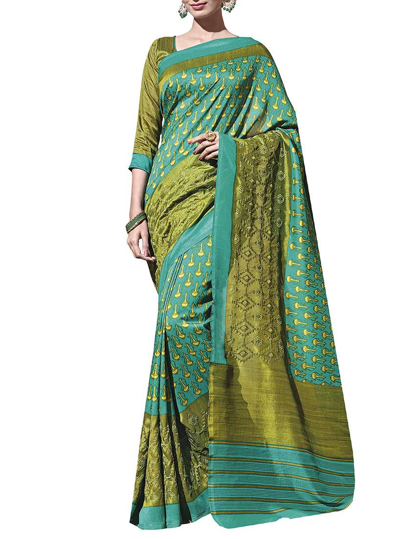 green cotton silk printed saree with blouse