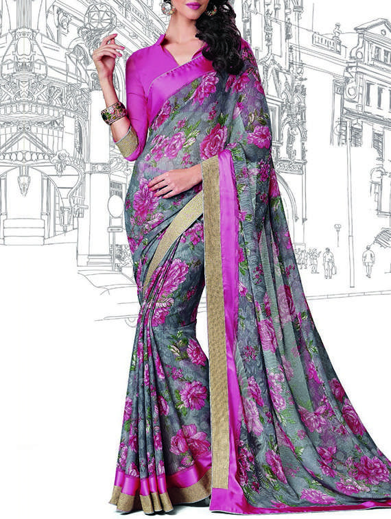 grey georgette printed saree with blouse