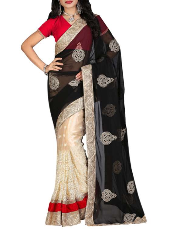 black & beige chiffon embroidered half and half saree with blouse