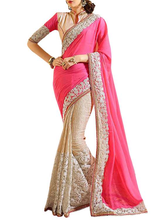 pink & beige chiffon embroidered half and half saree with blouse