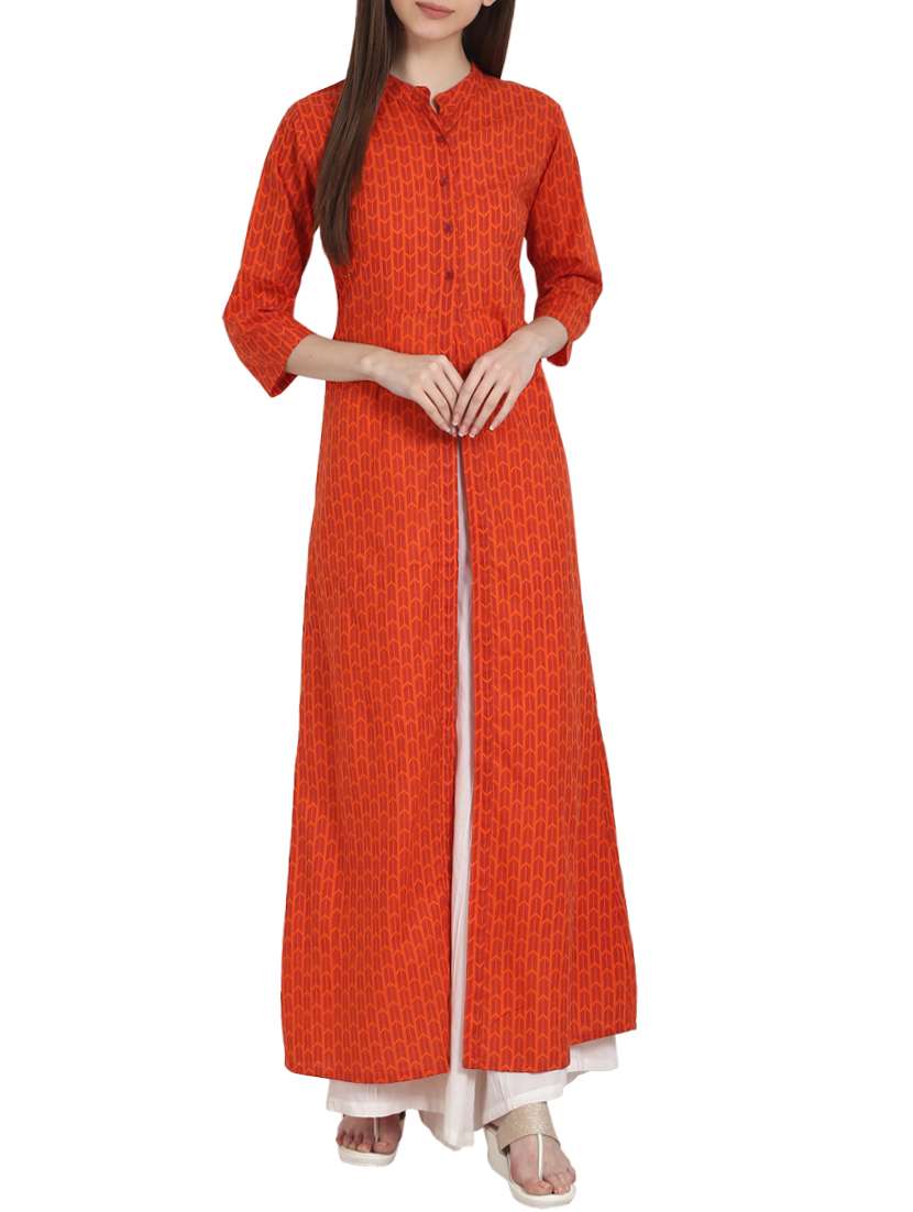 orange rayon printed high-slit kurta