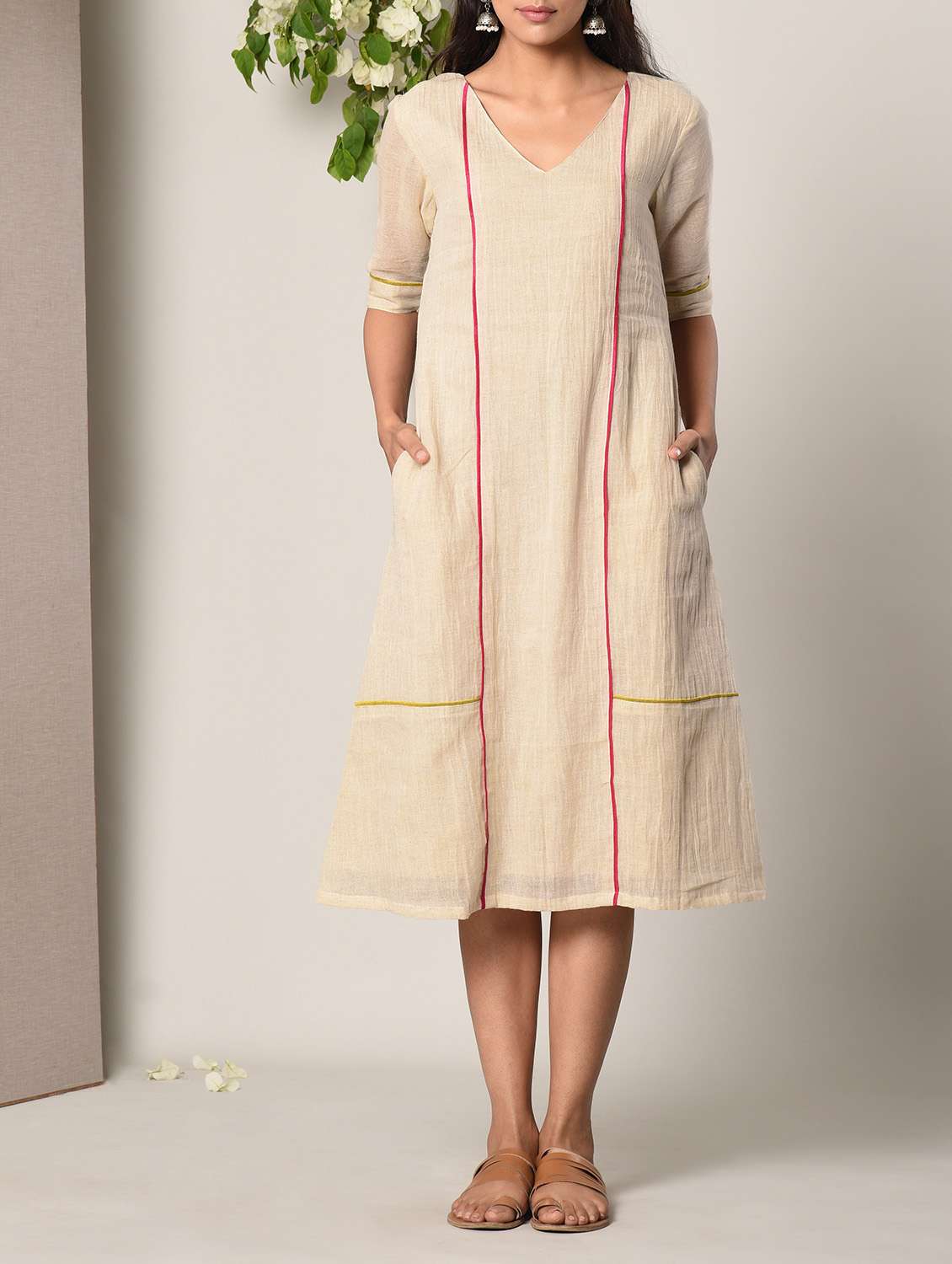 ivory panelled dress with pockets