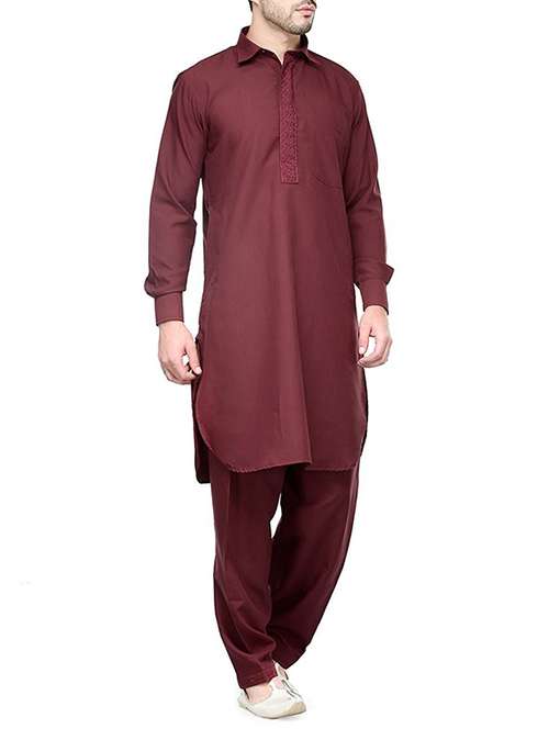 solid maroon cotton kurta pyjama set - 13270136 -  Standard Image - 0